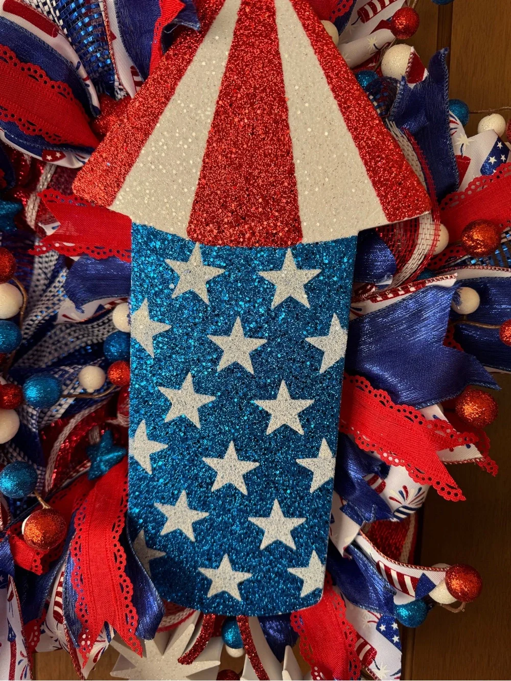 Hand Crafted Red, White & Blue Patriotic Firework Wreath